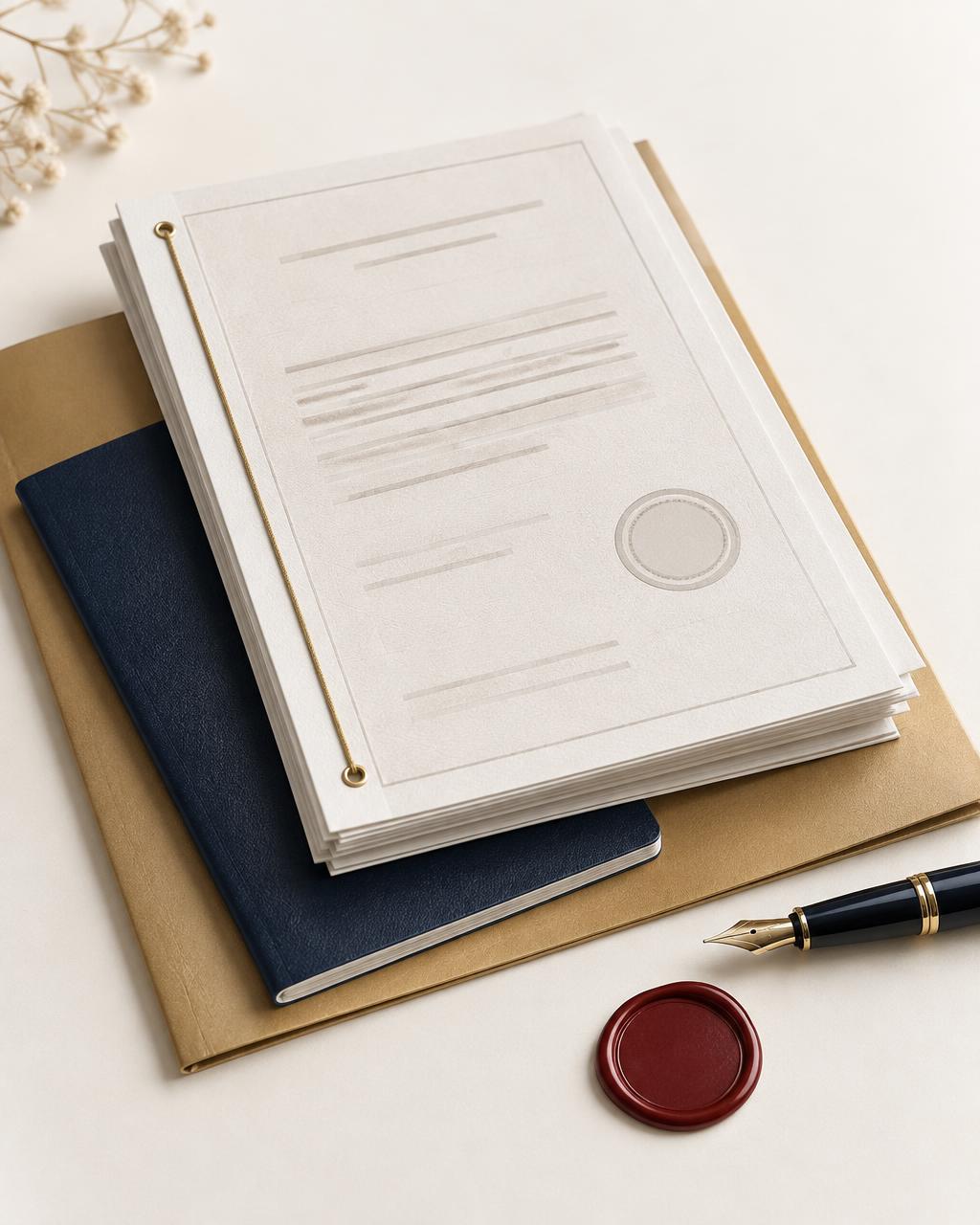 A stack of translation documents on a navy booklet and gold folder, with a fountain pen and red wax seal